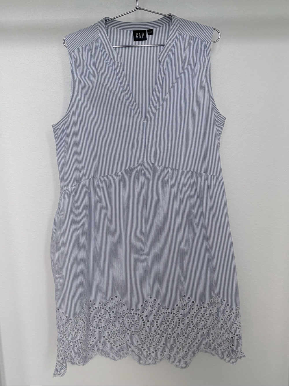 GAP Light Blue & White Striped Eyelet-Hem Sleeveless Mini Dress